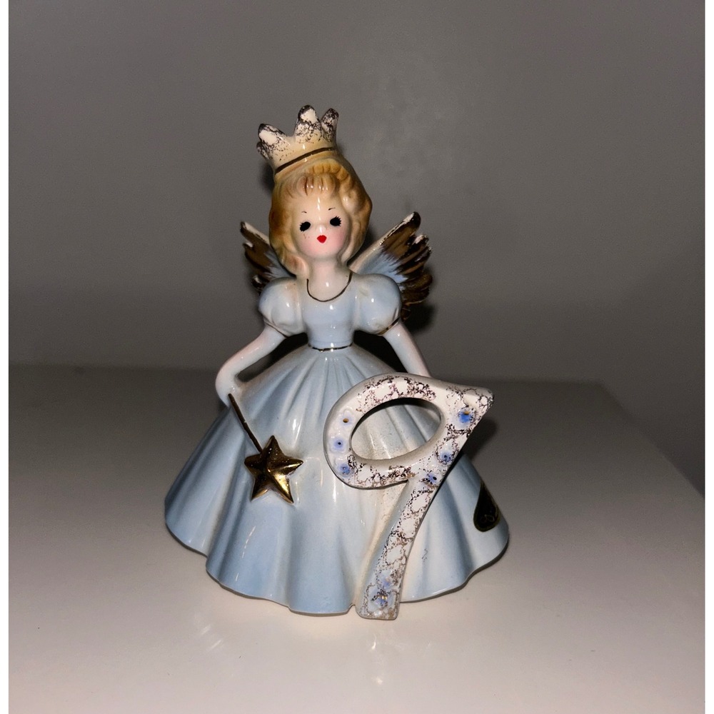 Josef Originals Birthday Girl Age 9 Figurine Blue Dress Gold Crown Japan Vintage